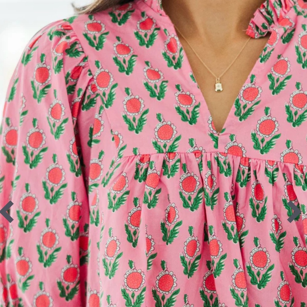 entro Pink Floral Print V-Neck Puff Sleeve Blouse - Picture 4 of 7
